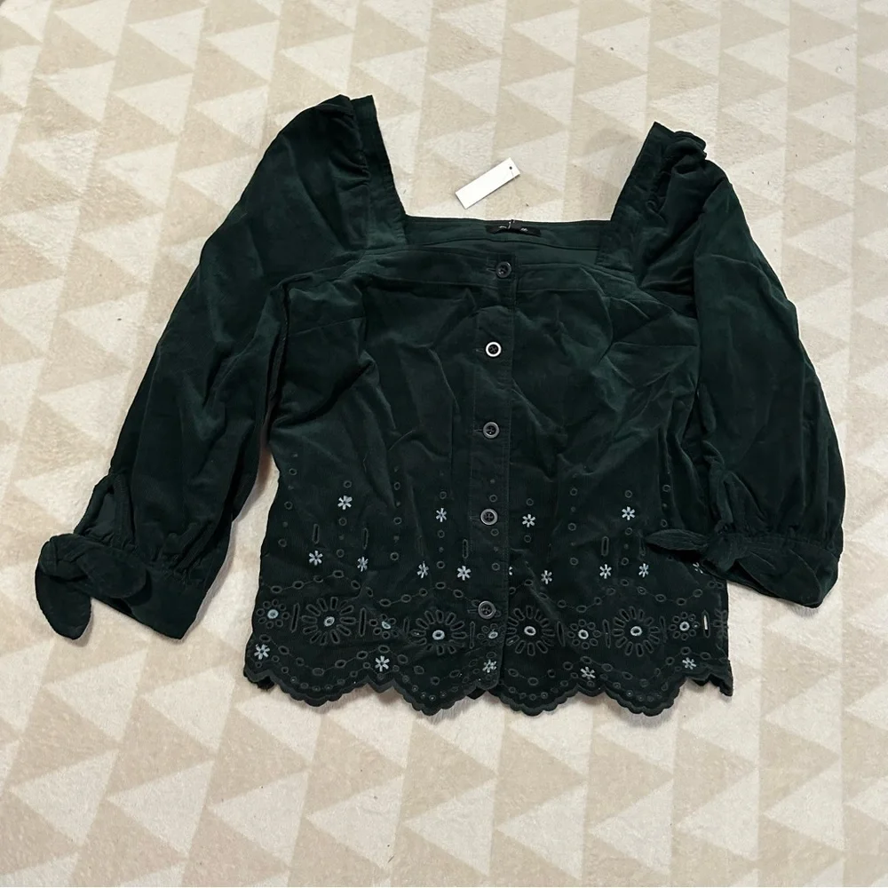 Madewell embroidered eyelet corduroy tie sleeve top dark palm